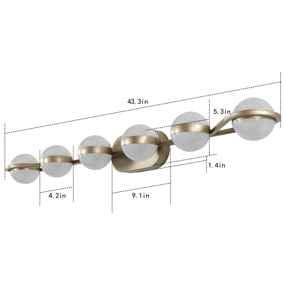 (Same as W1340P143676/L2001-G-6) 43" Gold Minimalist LED Bathroom Vanity Light with Crystal Sand Acrylic Shades, 6-Light Wall Mounted Decorative Lighting Fixture, Suitable for Bathroom Vanity Mirror