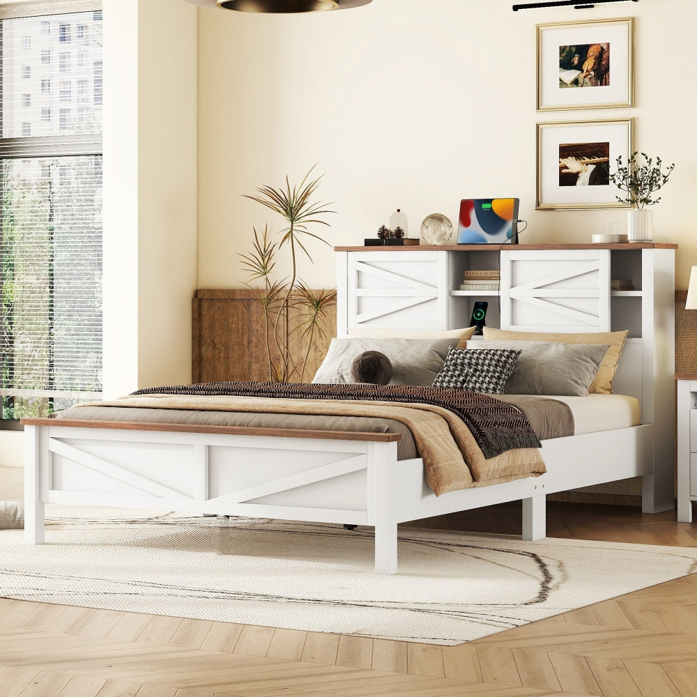 3-Pieces Bedroom Sets Full Size Farmhouse Platform Bed with Double Sliding Door Storage Headboard and Charging Station, Storage Nightstand and Dresser, Antique Gray