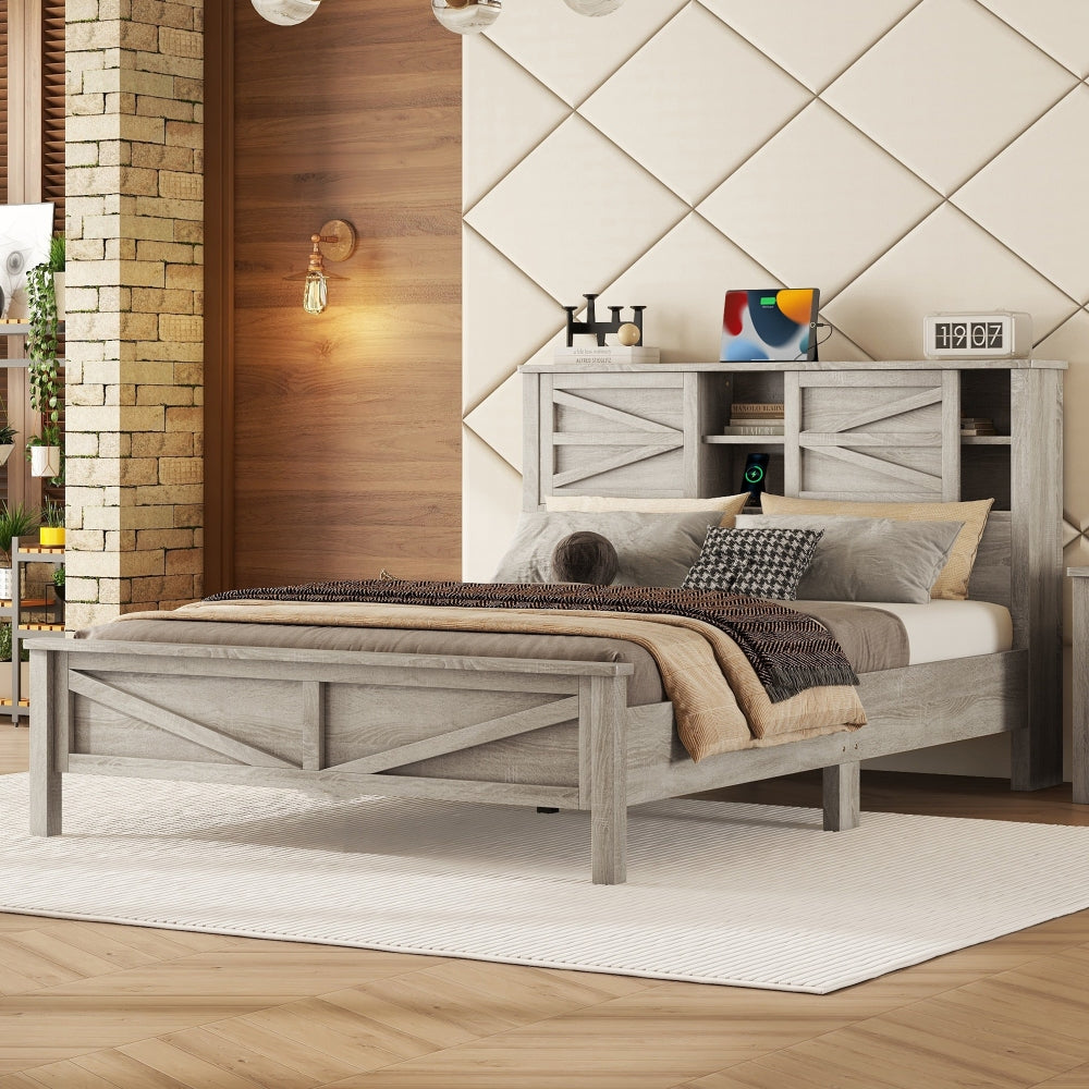 3-Pieces Bedroom Sets Full Size Farmhouse Platform Bed with Double Sliding Door Storage Headboard and Charging Station, Storage Nightstand and Dresser, Antique Gray