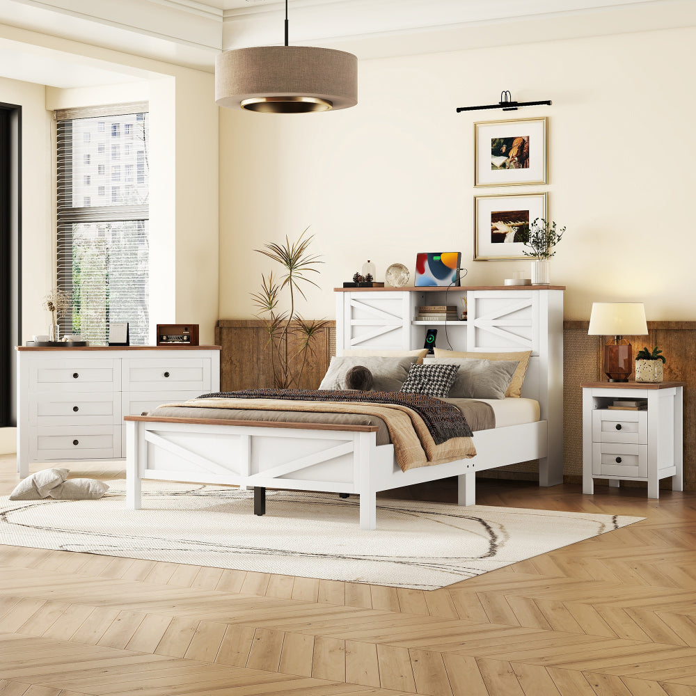3-Pieces Bedroom Sets Full Size Farmhouse Platform Bed with Double Sliding Door Storage Headboard and Charging Station, Storage Nightstand and Dresser, Antique Gray