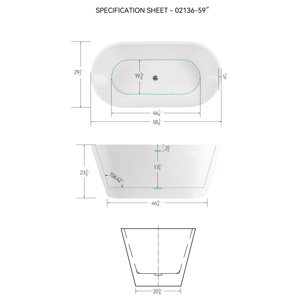 59" Acrylic Freestanding Bathtub, Modern & Contemporary Design Soaking Tub with Toe-tap Drain in Chrome and Classic Slotted Overflow, Glossy White, cUPC Certified, 02136
