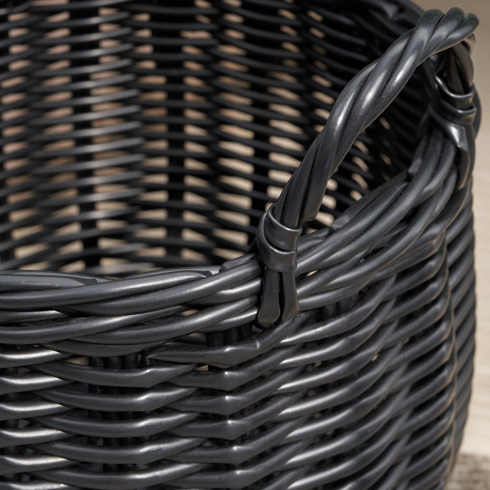 Lucius Round Resin Woven Wicker Basket with Handles - 13" x 13" x 10.2" - Black - For Clothes, Towels, Toys, Magazines Storage and Home Decoration