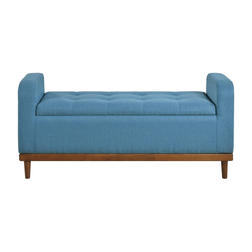 Mid-Century Modern Lift Top Storage Bench 1pc Tufted Blue Upholstered Solid Wood Walnut Finish Wooden Furniture