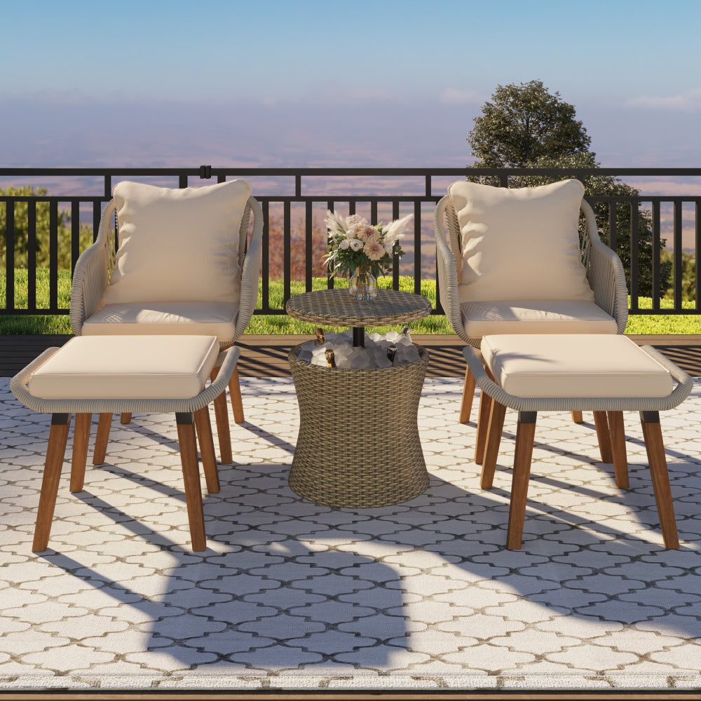 K&K 5 Pieces Patio Furniture Chair Sets, Patio Conversation Set With Wicker Cool Bar Table, Ottomans,Outdoor Furniture Bistro Sets for Porch,Backyard,Balcony,Poolside Brown