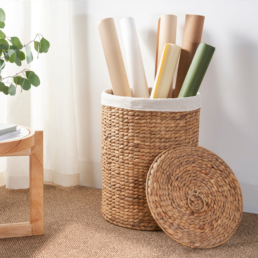 Ludmilla Round Tall Water Hyacinth Woven Wicker Laundry Hamper with Lid - For Clothes, Canvas, Toys and Book Storage with Removable Liner - 15" x 15" x 20" - Natural Brown