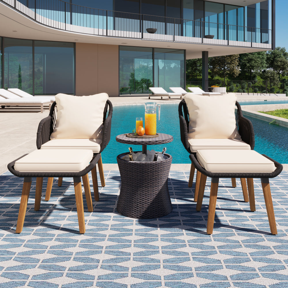 K&K 5 Pieces Patio Furniture Chair Sets, Patio Conversation Set With Wicker Cool Bar Table, Ottomans,Outdoor Furniture Bistro Sets for Porch,Backyard,Balcony,Poolside Brown