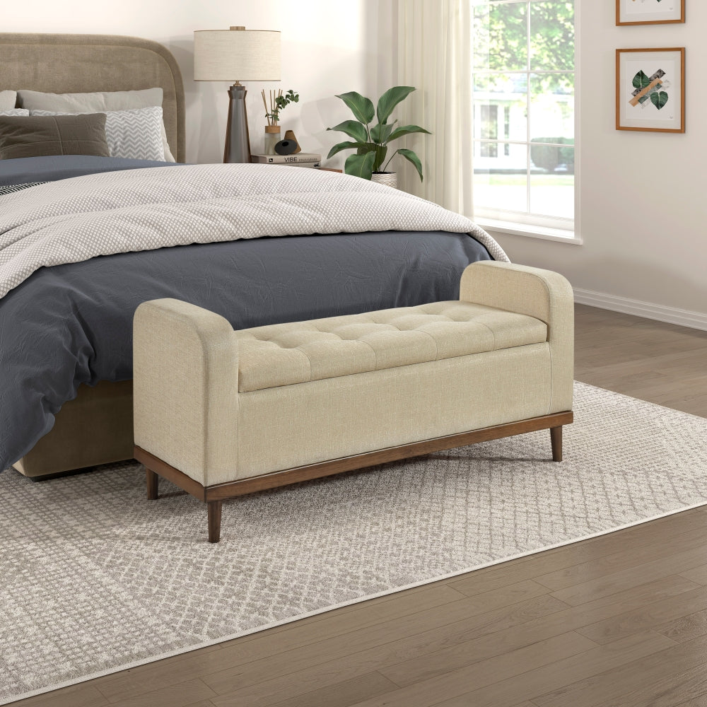 Mid-Century Modern Lift Top Storage Bench 1pc Tufted Blue Upholstered Solid Wood Walnut Finish Wooden Furniture