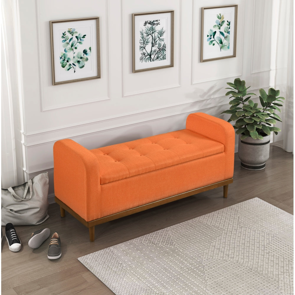 Mid-Century Modern Lift Top Storage Bench 1pc Tufted Blue Upholstered Solid Wood Walnut Finish Wooden Furniture