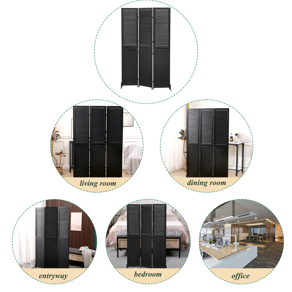 3 Panel Room Divider 6Ft Wood Folding Privacy Screen Black Room Separator Free Standing Wall Dividers (Black)