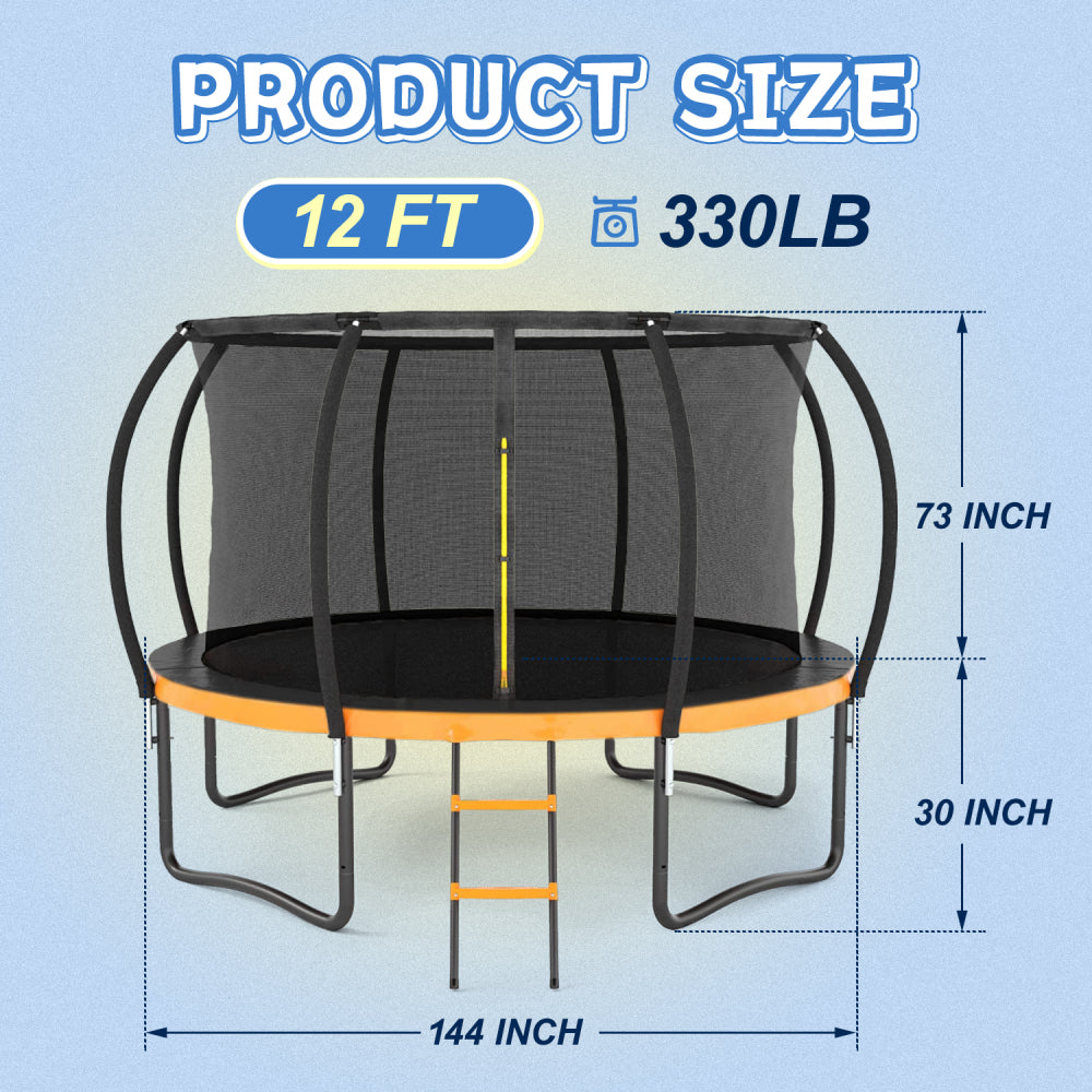 12FT Outdoor Big Trampoline Inner Safety Enclosure Net, Ladder, PVC Spring Cover Padding, For Kids, Orange Color