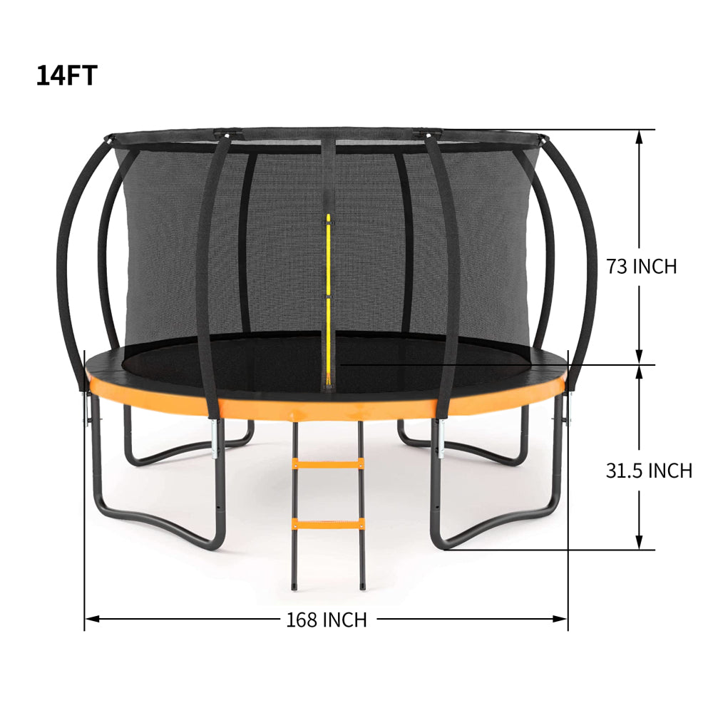 14FT Outdoor Big Trampoline Inner Safety Enclosure Net, Ladder, PVC Spring Cover Padding, For Kids, Orange Color