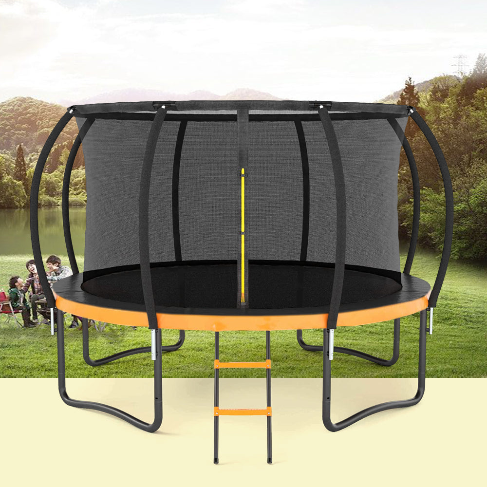 14FT Outdoor Big Trampoline Inner Safety Enclosure Net, Ladder, PVC Spring Cover Padding, For Kids, Orange Color