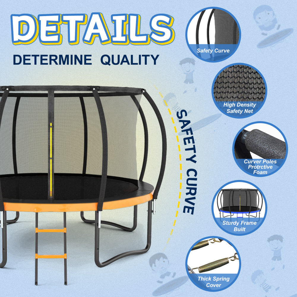 14FT Outdoor Big Trampoline Inner Safety Enclosure Net, Ladder, PVC Spring Cover Padding, For Kids, Orange Color