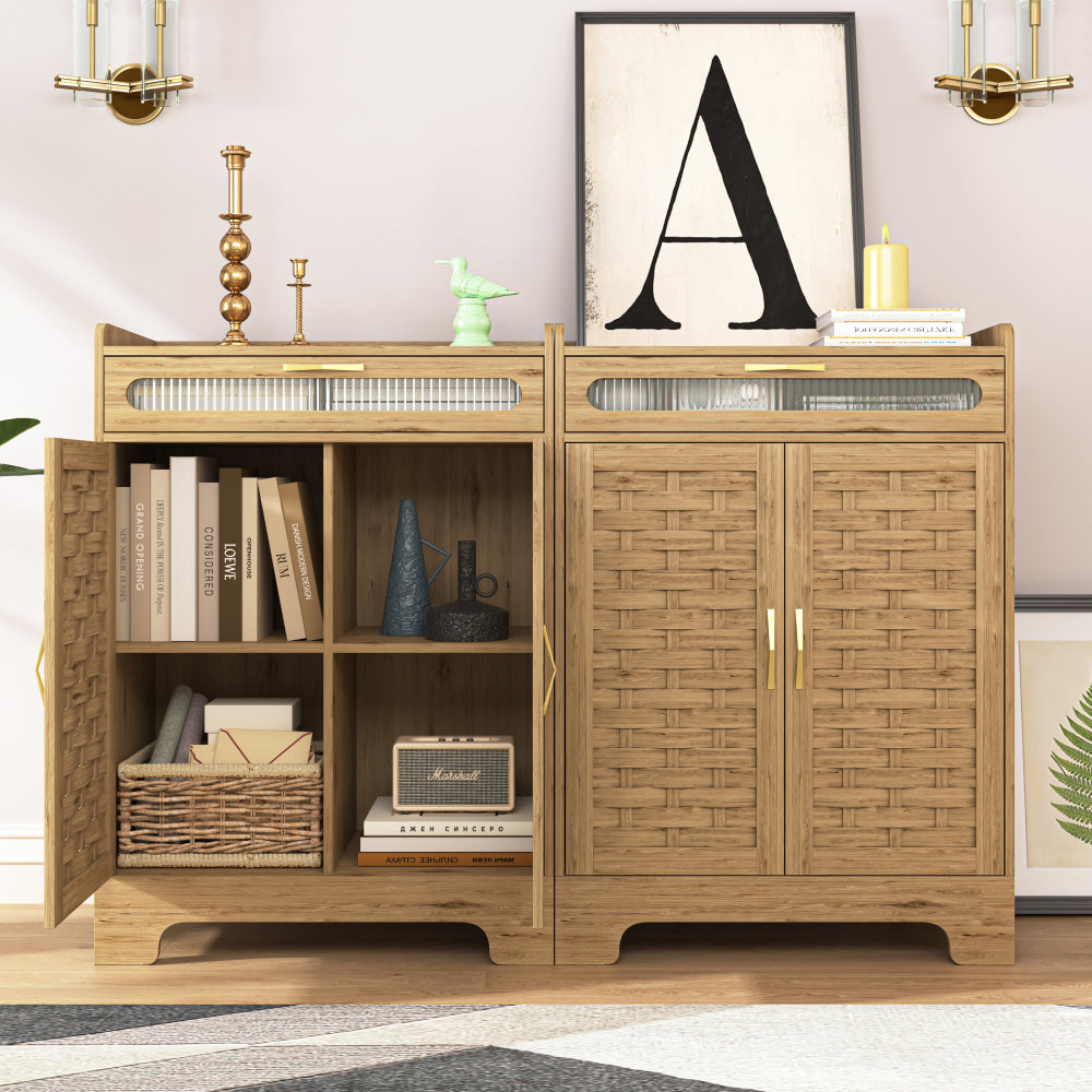 Coffee Bar Cabinet, Modern Farmhouse Buffet Sideboard
with Drawer and Adjustable Shelf, Barn Door Storage Cabinet for Kitchen, Dining Room, Bathroom, Entryway