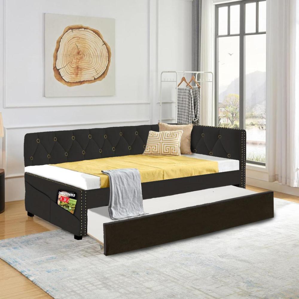 BLUE UPHOLSTERED TWIN SIZE DAYBED WITH TRUNDLE, VELVET FABRIC, NO BOX SPRING REQUIRED, COMFORTABLE AND SIMPLE DESIGN MODELS