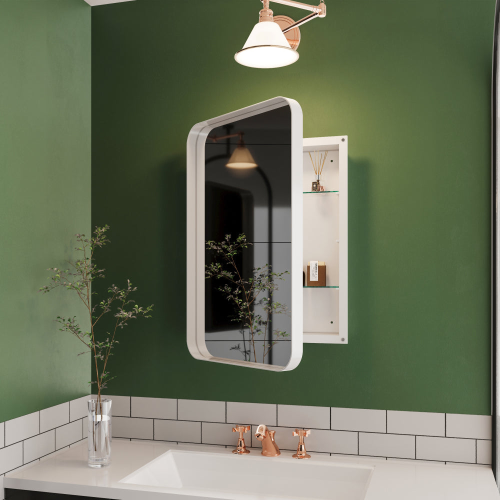31.5 Inch Surface Mount Round Metal Framed Medicine Cabinet with Mirror and Adjustable Shelves Black Wall Mirror with Storage for Bathroom, Matte Gold