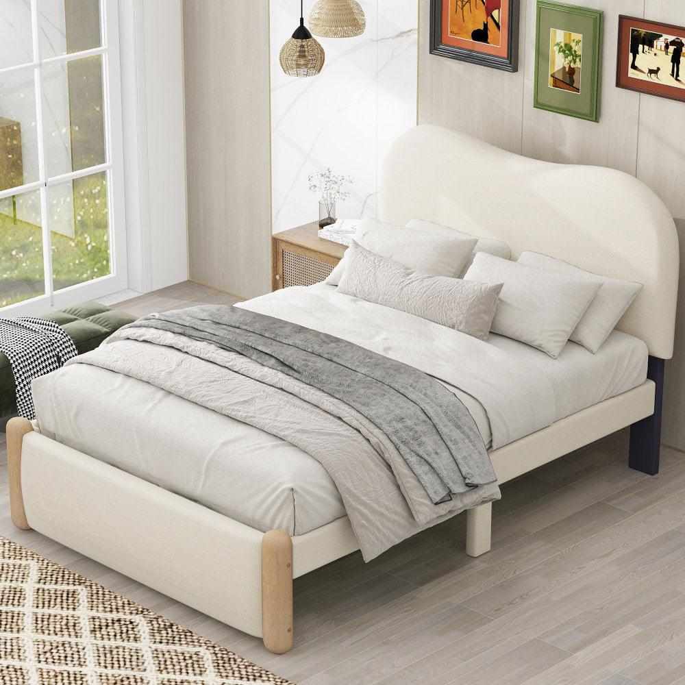 Full Size Upholstered Platform Bed with Wood Supporting Feet and Twin Size Trundle, White