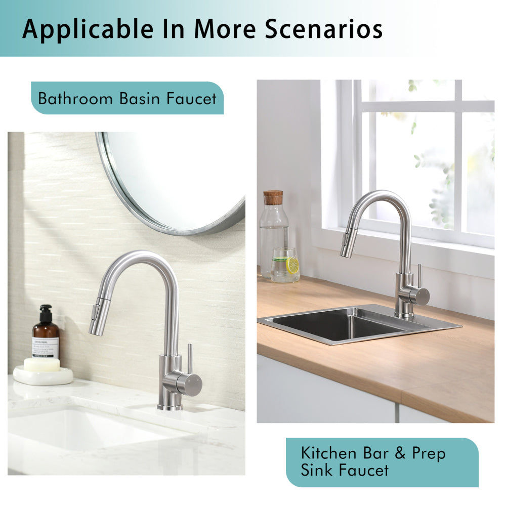 Sink Faucet, Brushed Nickel Kitchen Faucets with Pull Down Sprayer, Bathroom Sink Faucets Mini Bar Prep Faucet