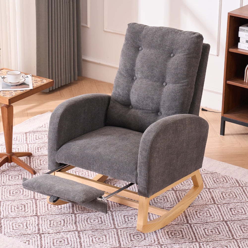 LY-5104 Plush Accent Rocking Chair with Footrest, Cream White High-Back Rocker, Rubber Wood Lounge Chair for Nursery & Living Room, 38.36"W x 26.77"D x 39.76"H