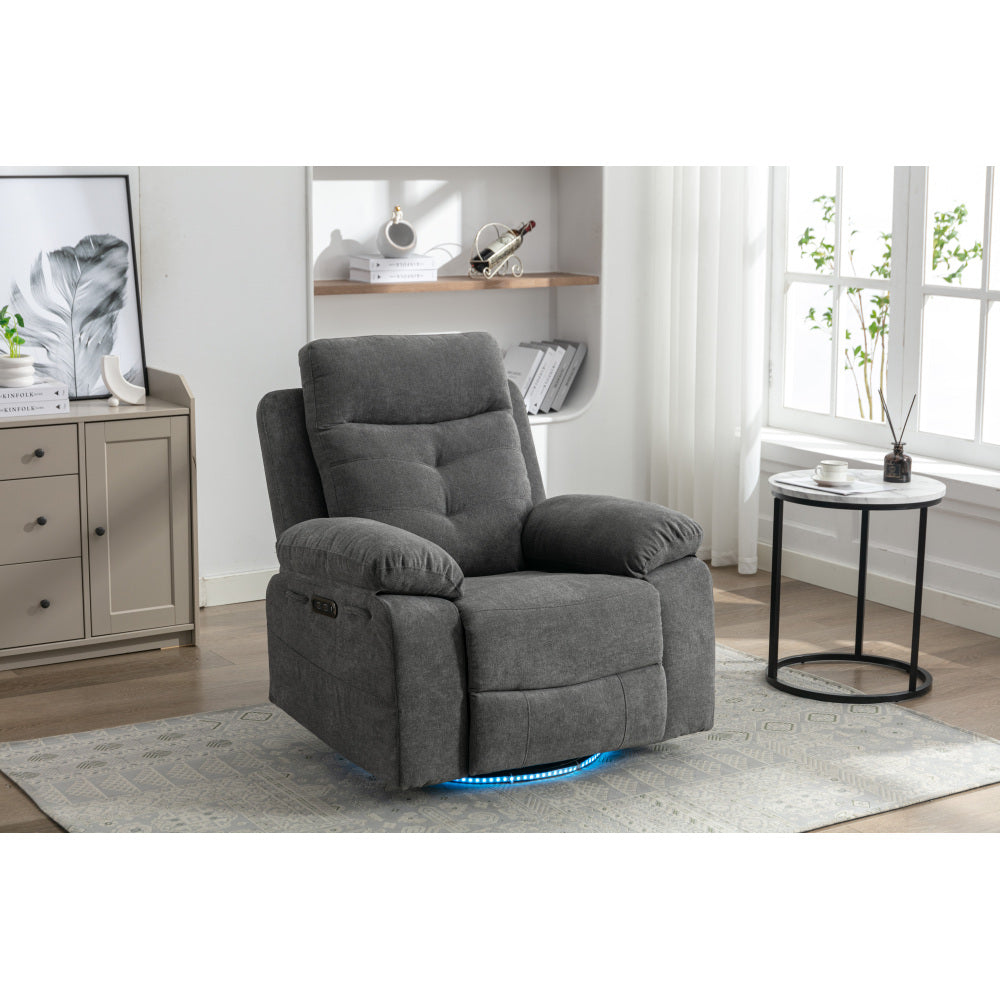 Power Recliner Glider Chair With Bluetooth Speaker 270 Degree Swivel With LED Light Side Arm With Storage Pockets USB+Type C Charging Port Button Control Retractable Footrest Adjustable Backrest DG