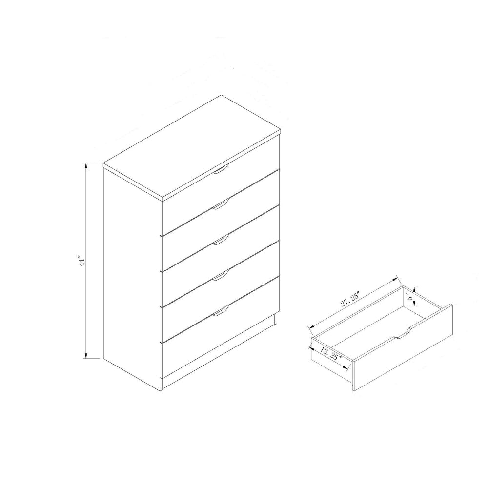 Modern black five drawer clothes and storage chest cabinet with metal drawer glides half round cutout handle grip