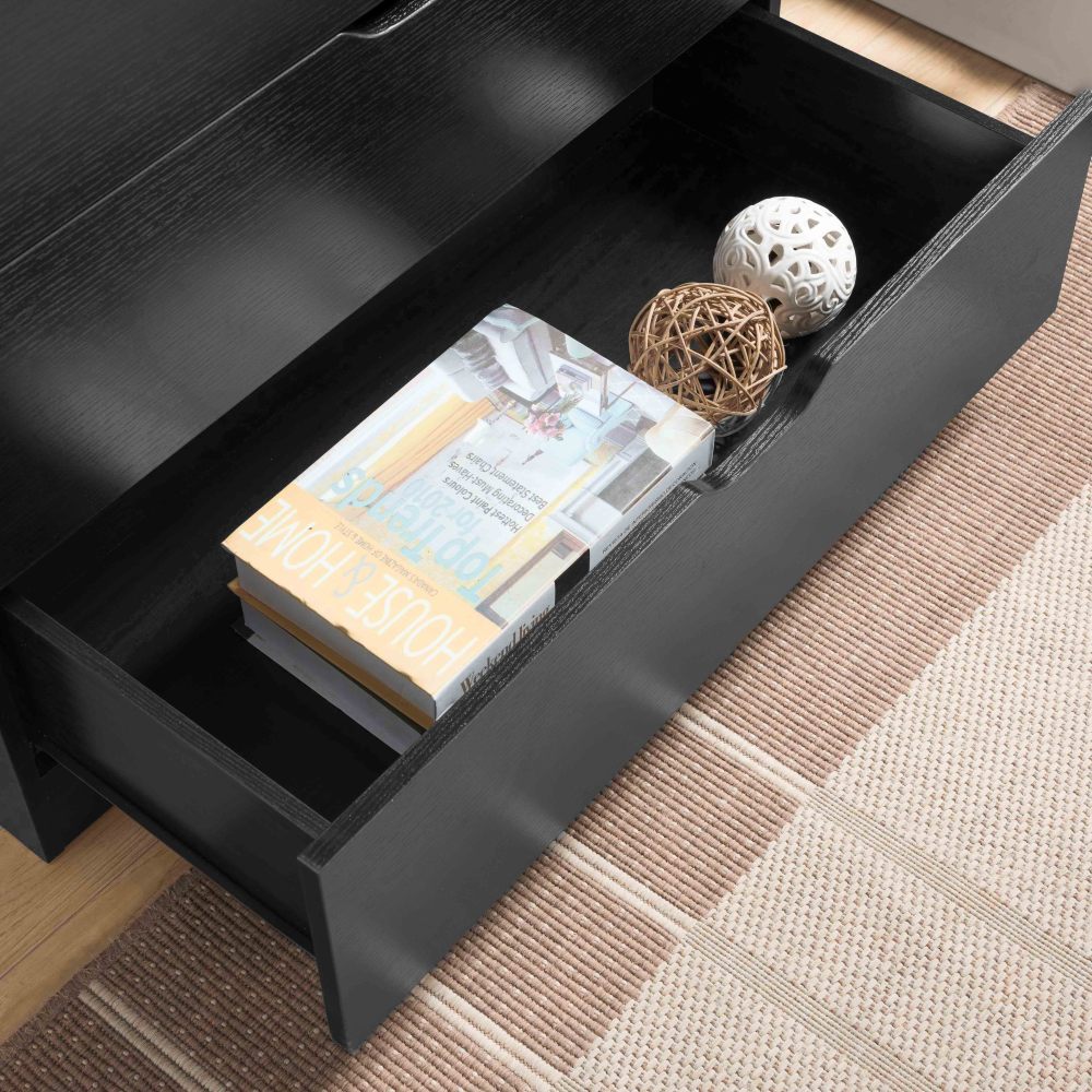 Modern black five drawer clothes and storage chest cabinet with metal drawer glides half round cutout handle grip
