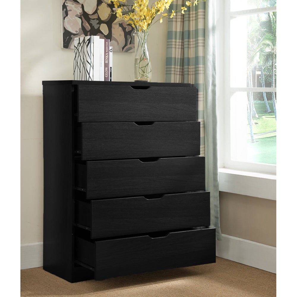 Modern black five drawer clothes and storage chest cabinet with metal drawer glides half round cutout handle grip