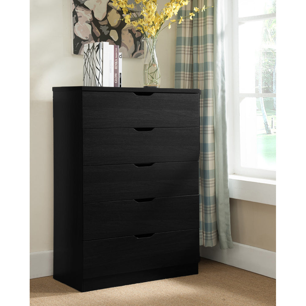 Modern black five drawer clothes and storage chest cabinet with metal drawer glides half round cutout handle grip