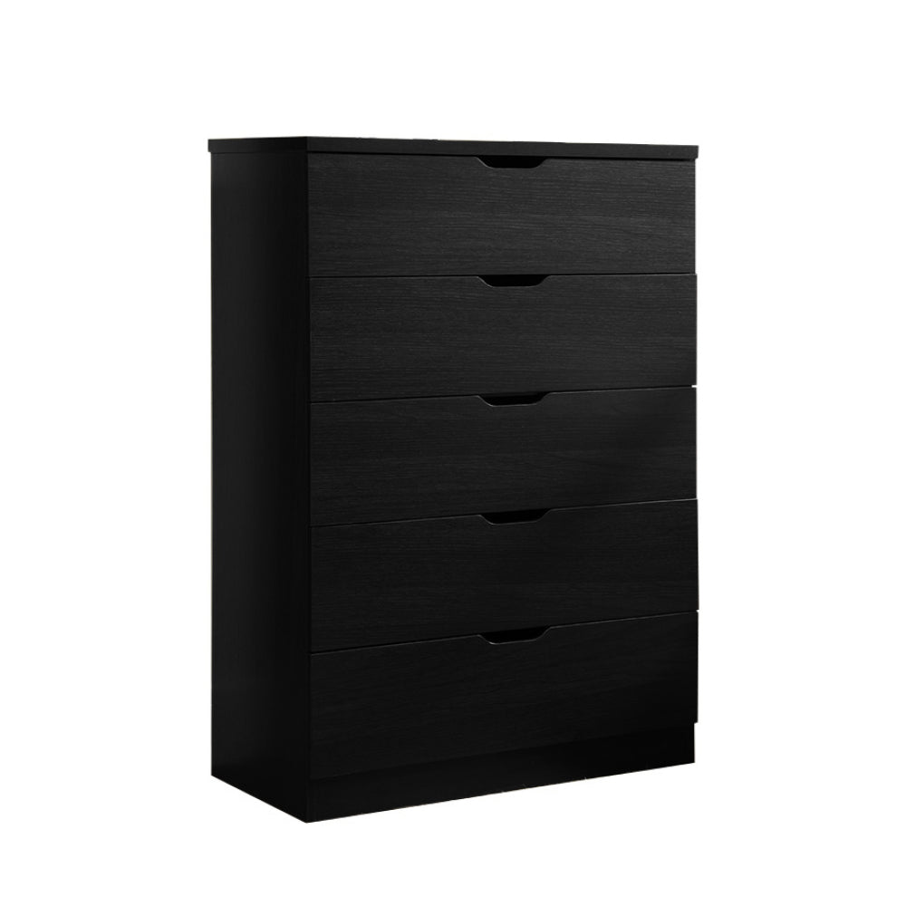 Modern black five drawer clothes and storage chest cabinet with metal drawer glides half round cutout handle grip