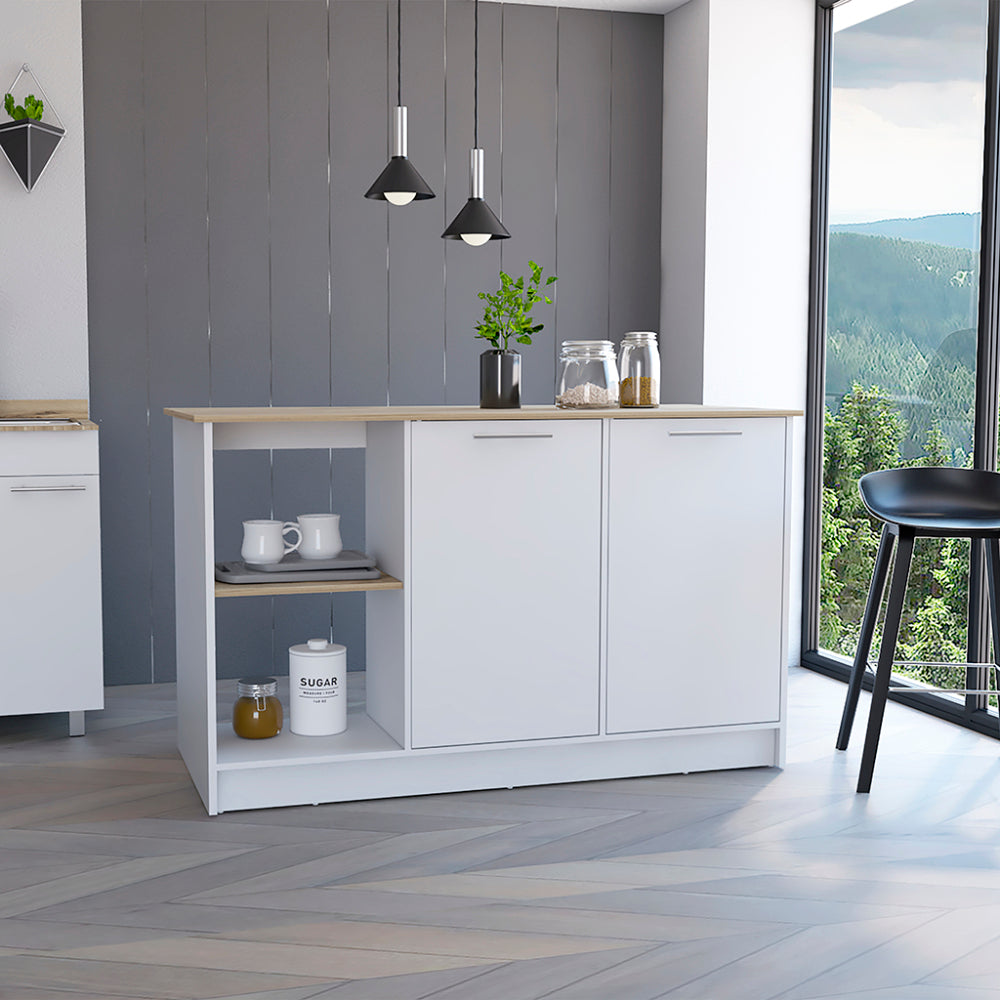 Juniper Kitchen Island with Large Top Surface, Double Door Cabinet, and Open Shelves