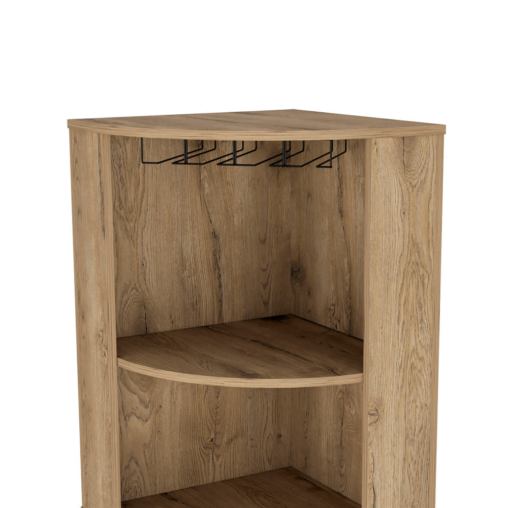 Corner Bar Cabinet 71"H with Five Shelves, Eight Bottle Cubbies and Stemware,Macadamia