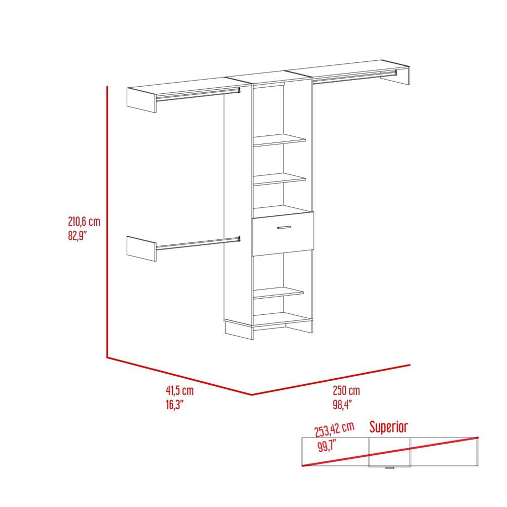 Manchester 250 Closet System, Five Open Shelves, One Drawer, Three Metal Rods -Dark Walnut