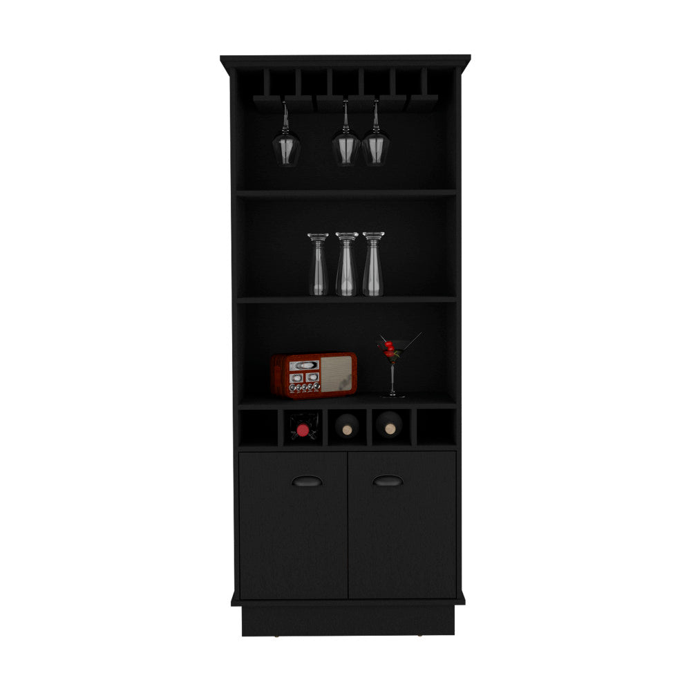 Bar Cabinet 70"H with Wine Rack, Upper Glass Cabinet, three Open Storage Shelves and One Cabinet,Black
