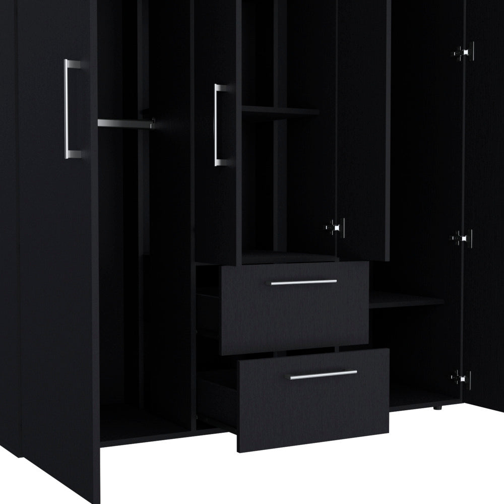 Bariloche Wardrobe, Multi-Section Storage with Hanging Rods, Shelves, and 2 Drawers Black