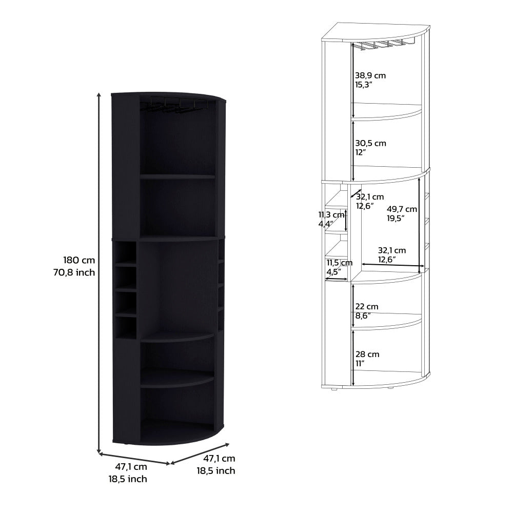 71" Corner Bar Cabinet with Five Shelves, Eight Bottle Cubbies and Stemware,Black