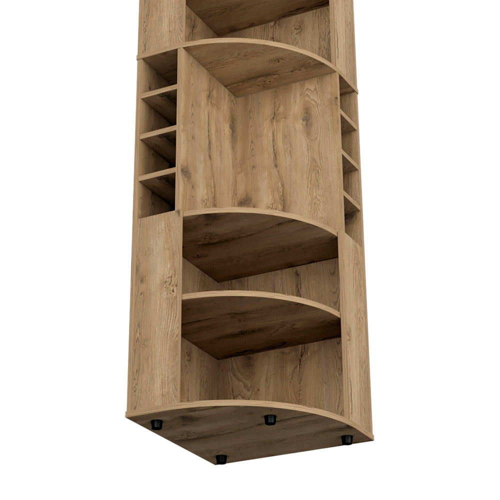 Corner Bar Cabinet 71"H with Five Shelves, Eight Bottle Cubbies and Stemware,Macadamia