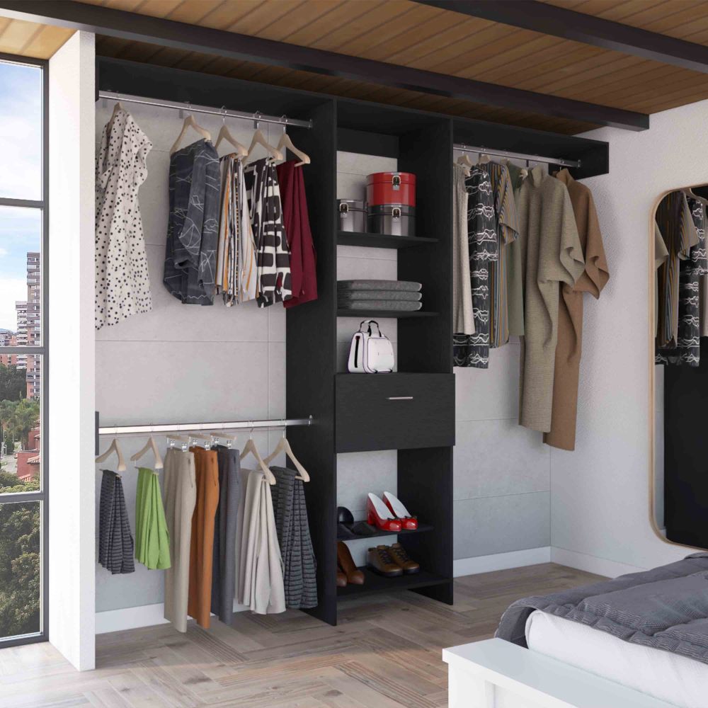 Manchester 250 Closet System, Five Open Shelves, One Drawer, Three Metal Rods -Dark Walnut