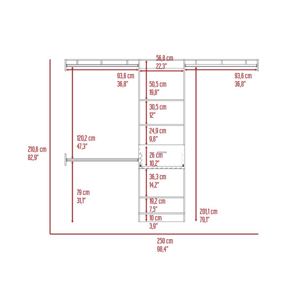 Manchester 250 Closet System, Five Open Shelves, One Drawer, Three Metal Rods -Dark Walnut
