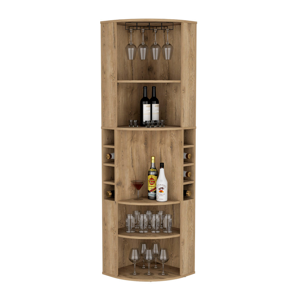 Corner Bar Cabinet 71"H with Five Shelves, Eight Bottle Cubbies and Stemware,Macadamia
