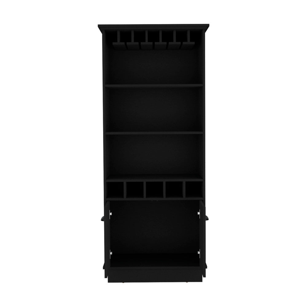 Bar Cabinet 70"H with Wine Rack, Upper Glass Cabinet, three Open Storage Shelves and One Cabinet,Black