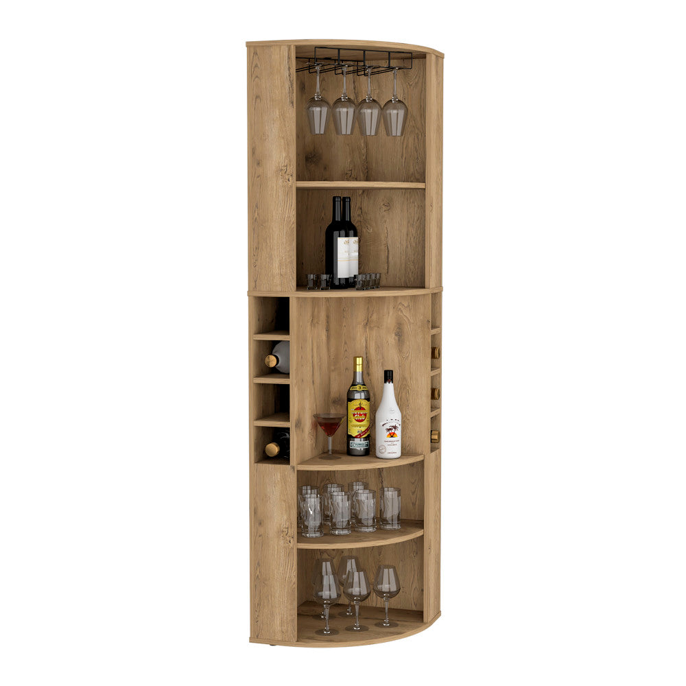 Oban Corner Bar Cabinet with Five Shelves , Eight Bottle Cubbies and Steamware Macadamia