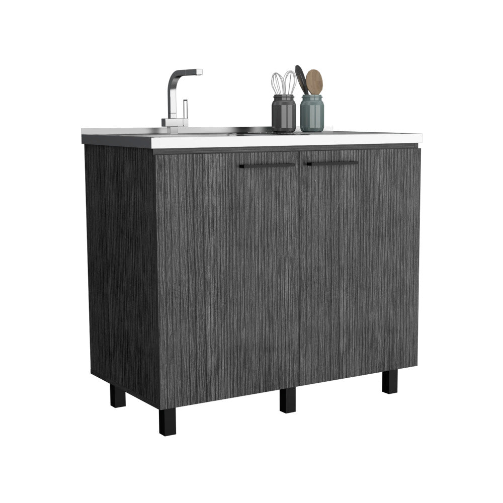 2 Freestanding Utility Base Cabinet with Stainless Steel Countertop and 2-Door, Smokey Oak