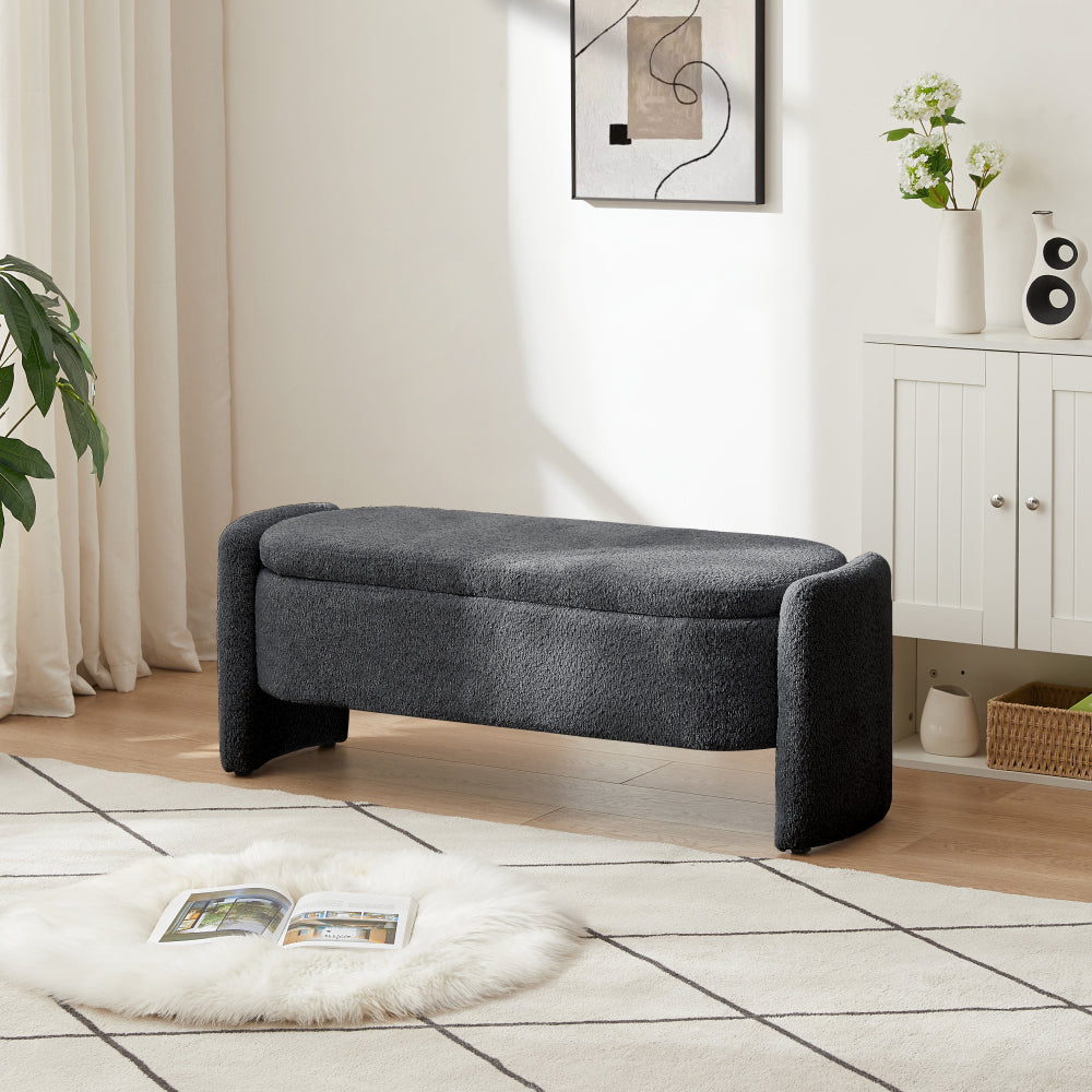 Ottoman Oval Storage Bench 3D Lamb Fleece Fabric Bench with Large Storage Space for the Living Room, Entryway and Bedroom,cream white
