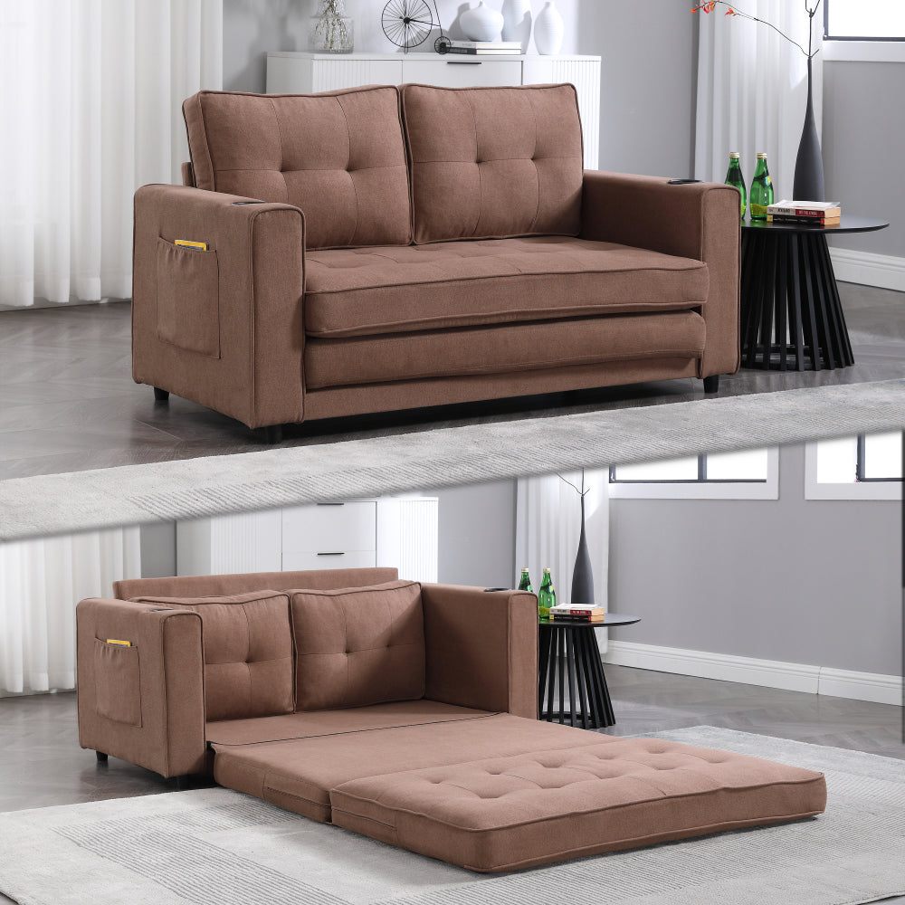 {VIDEO Provided}3-in-1 Upholstered Futon Sofa Convertible Sofa bed,Foldable Tufted Loveseat with Pull Out Sleeper Couch Bed,Folding Mattres Love Seat Daybed W/Side Pockets and Cup Holder, Dark Gray