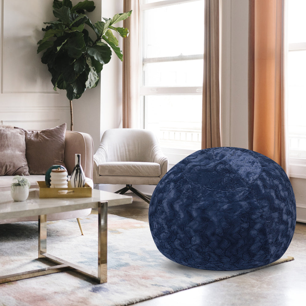 Faux Fur Bean Bag Chair, Navy-4ft Cozy and Stretchable Fabric Lounger for Children and Adults with Easy-Clean Cover, Comfortable Faux Fur Seating for Bedrooms, Filled with Shredded and Memory Foam.