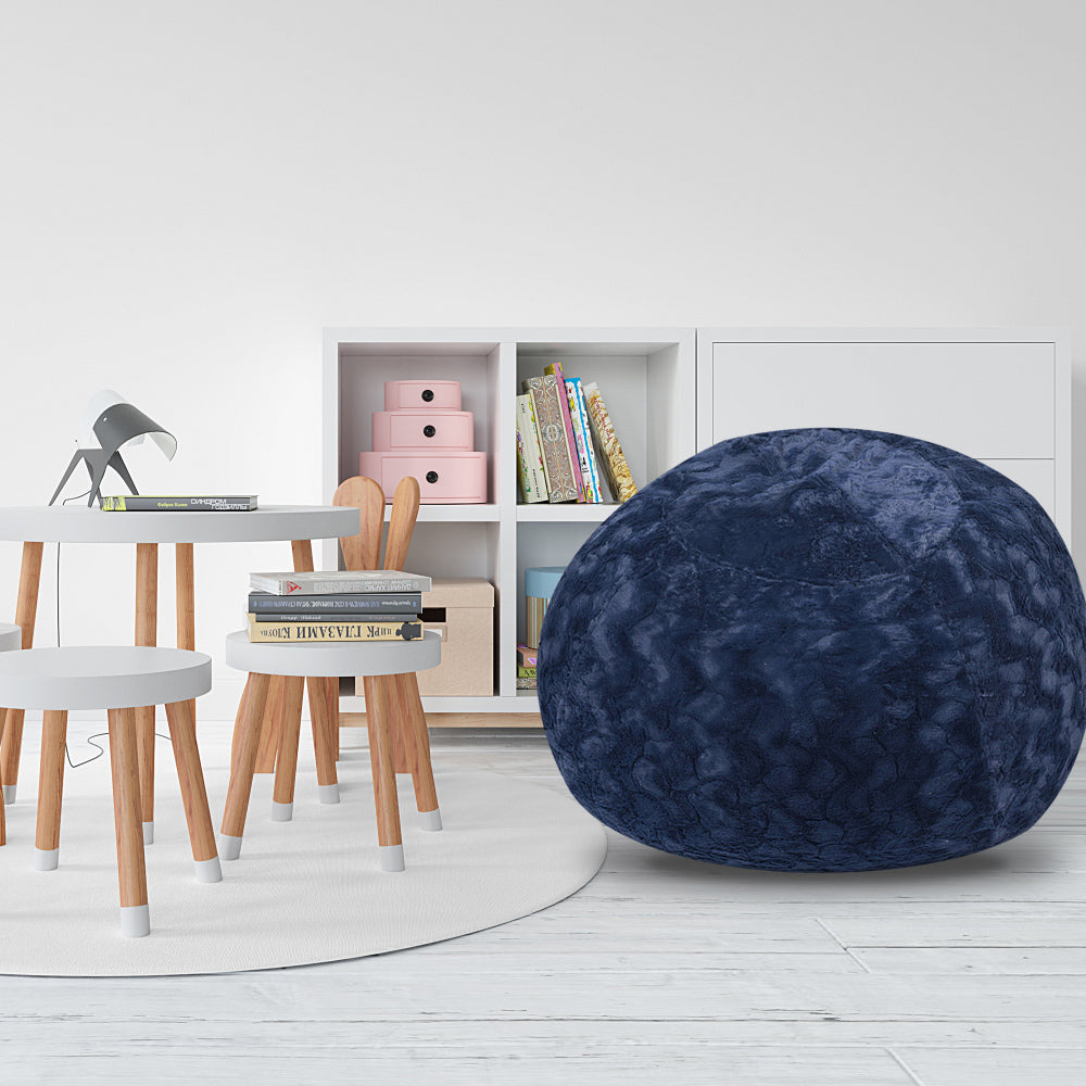 Faux Fur Bean Bag Chair, Navy-4ft Cozy and Stretchable Fabric Lounger for Children and Adults with Easy-Clean Cover, Comfortable Faux Fur Seating for Bedrooms, Filled with Shredded and Memory Foam.