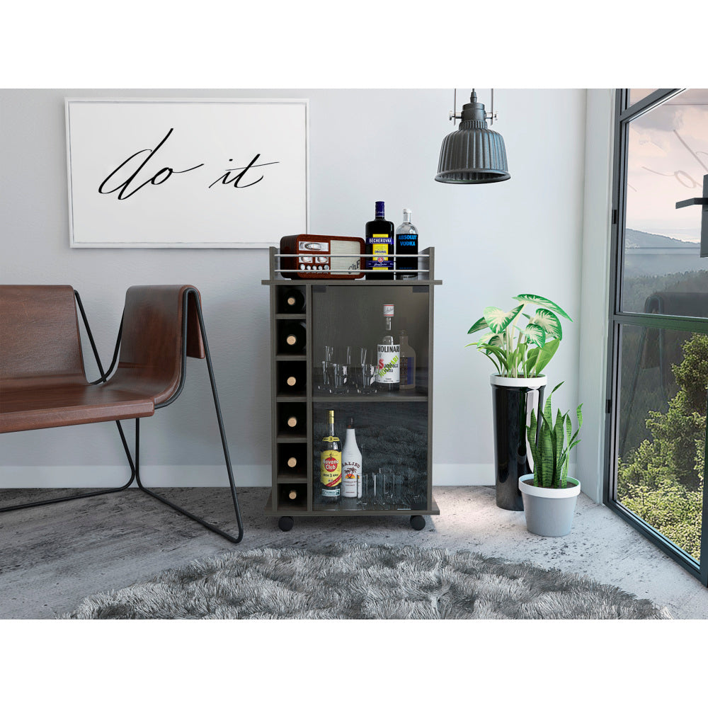 Vegas Bar Cart, Two Tier Cabinet With Glass Door, Six Cubbies For Liquor
