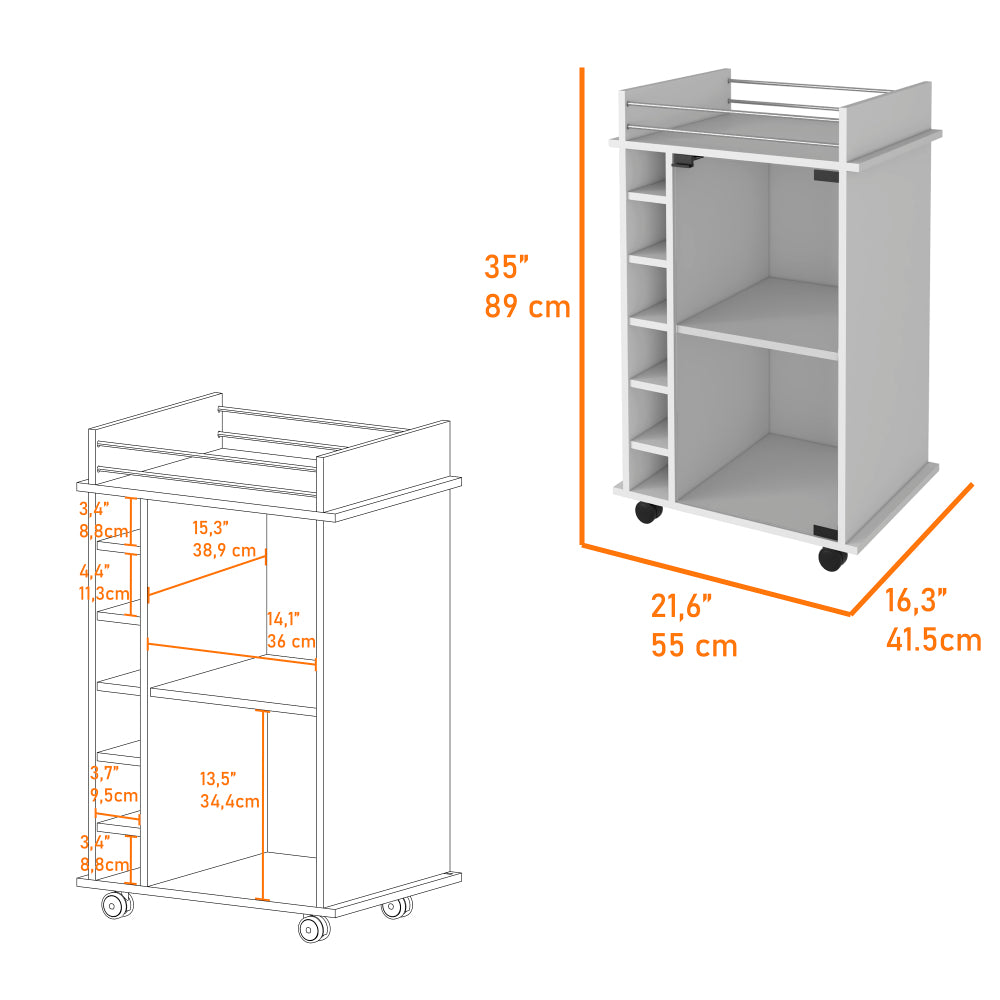 Vegas Bar Cart, Two Tier Cabinet With Glass Door, Six Cubbies For Liquor