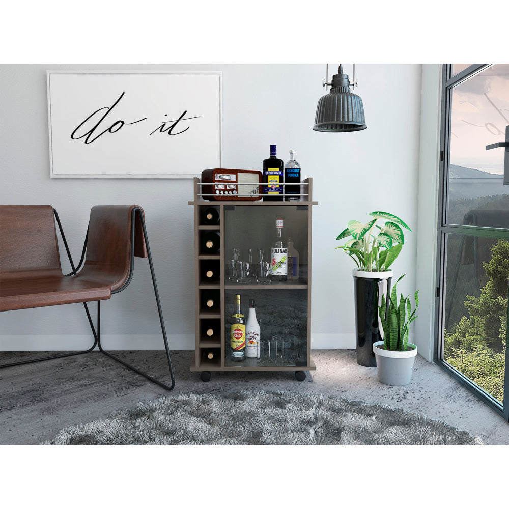 Vegas Bar Cart, Two Tier Cabinet With Glass Door, Six Cubbies For Liquor