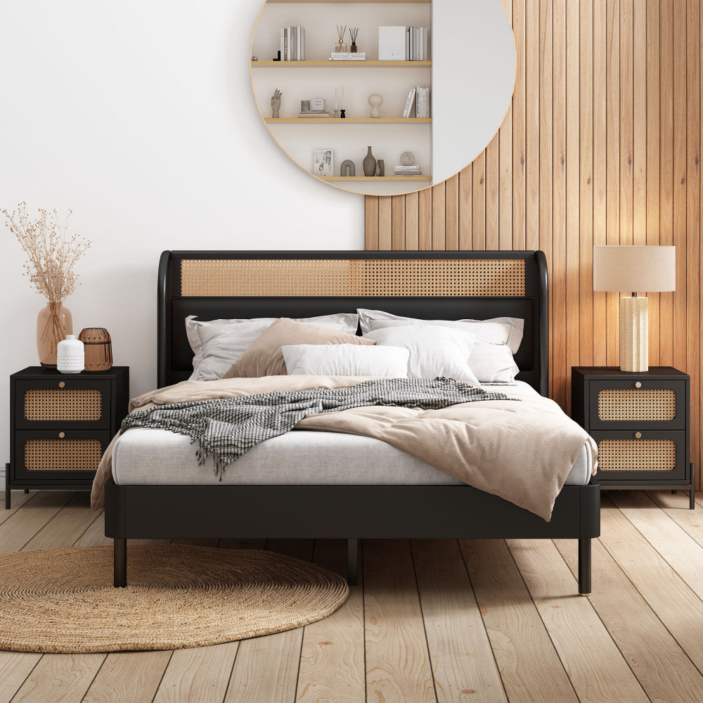 Modern Cannage Rattan Wood Closet 6-Drawer Dresser Wood Storage Cabinet Sideboard for Bedroom, Living Room, Entryway, Hallway, Black (Old SKU:WF303224AAB)